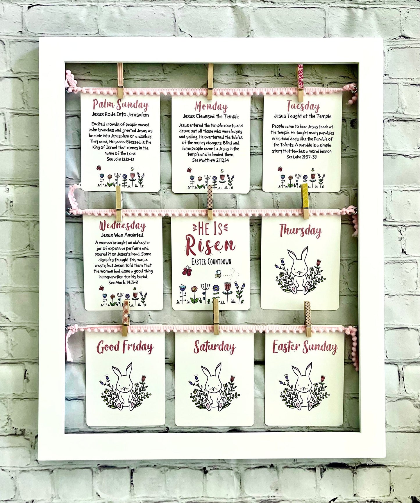 HE IS RISEN EASTER COUNTDOWN BOXED SET (includes 9 premium cards, Pom Pom trim, clothespins, and fuzzy bumblebee)