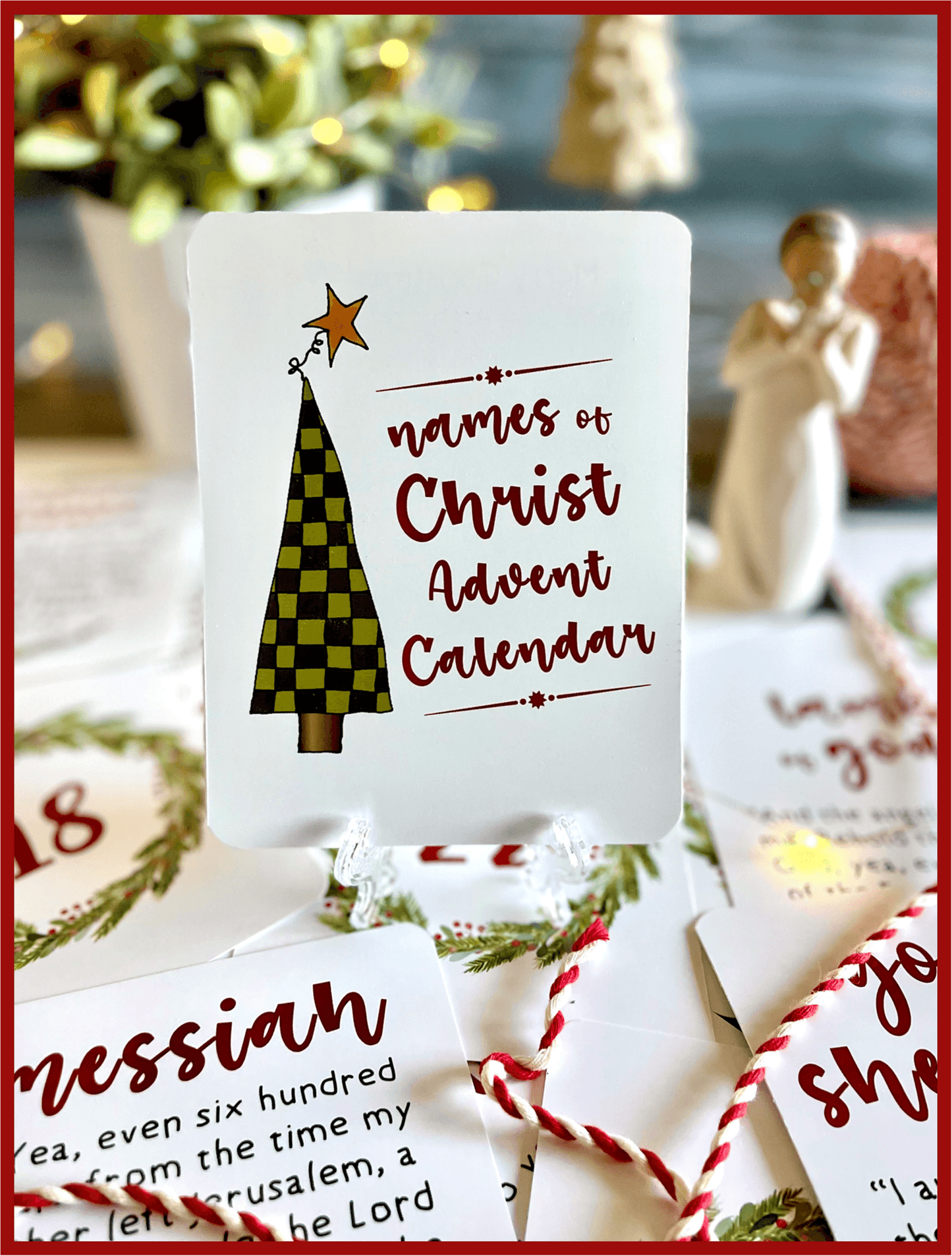 NAMES OF CHRIST ADVENT CALENDAR SET OF 26 CARDS W/PLASTIC EASEL -- BOOK OF MORMON AND BIBLE (KING JAMES)