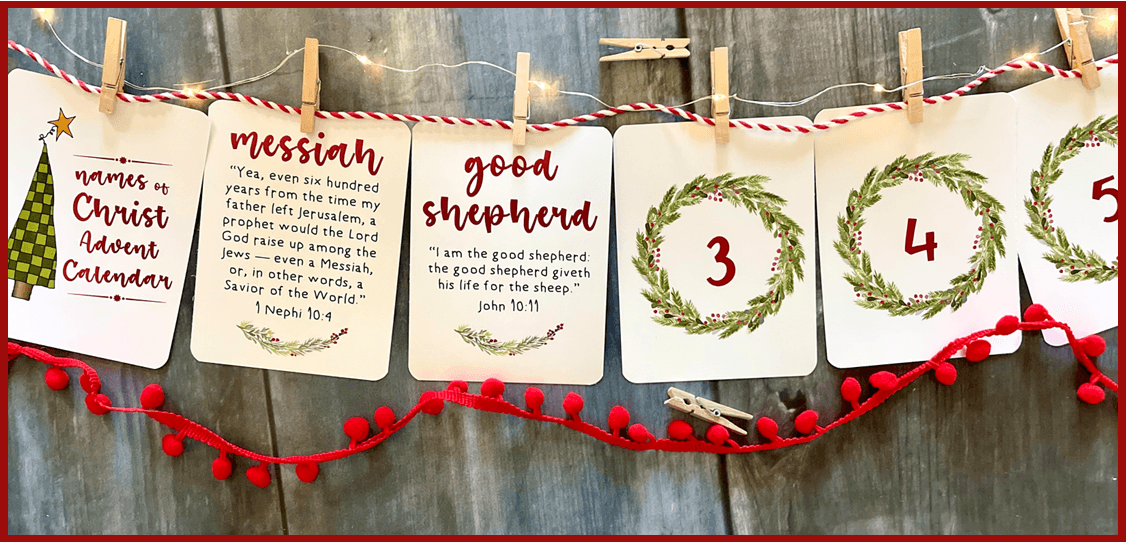 NAMES OF CHRIST ADVENT CALENDAR SET OF 26 CARDS W/PLASTIC EASEL -- BOOK OF MORMON AND BIBLE (KING JAMES)