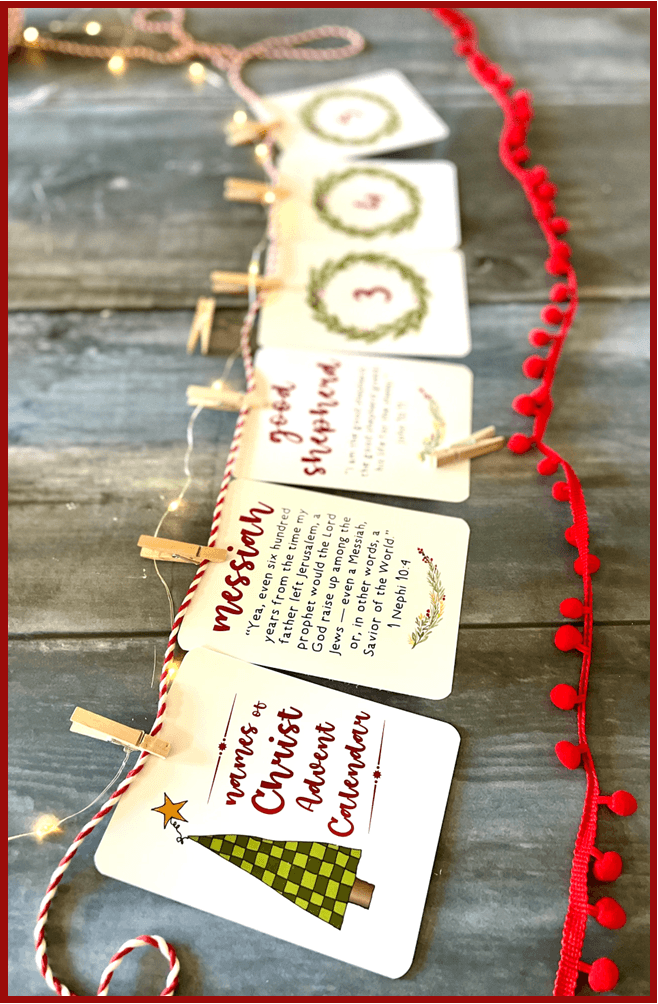 NAMES OF CHRIST ADVENT CALENDAR SET OF 26 CARDS W/PLASTIC EASEL -- BOOK OF MORMON AND BIBLE (KING JAMES)