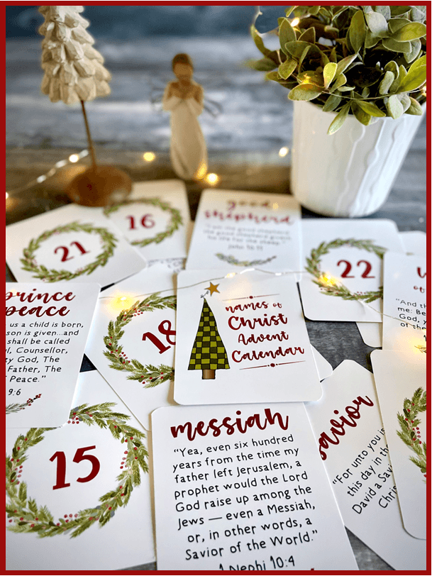 NAMES OF CHRIST ADVENT CALENDAR SET OF 26 CARDS W/PLASTIC EASEL -- BOOK OF MORMON AND BIBLE (KING JAMES)