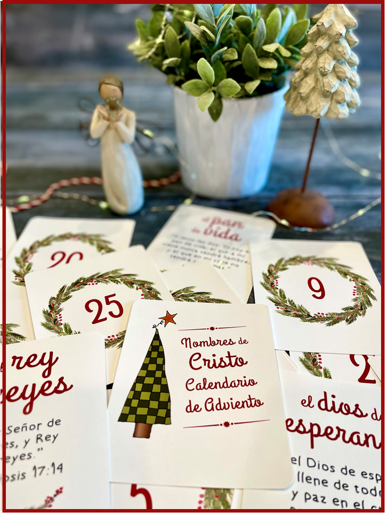 NAMES OF CHRIST ADVENT CALENDAR SET OF 26 CARDS W/PLASTIC EASEL  -- SPANISH BIBLE VERSES (REINA VALERA)